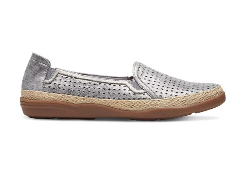 Clarks Women's Size 7, Slip-On Espadrille Leather Flats, Pewter, New (NO BOX)