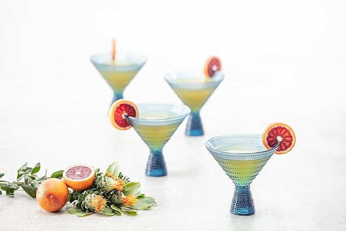 Fortessa Jupiter 11.5 oz Martini Glasses Set of 4 Beaded Design, Cornflower Blue
