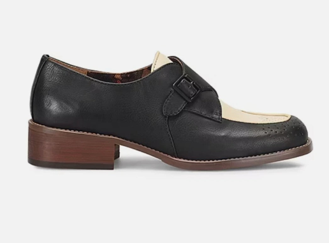 Korks Theodore Women's Size 8 M, Moc Monk Strap Loafers, Black/Cream Combo