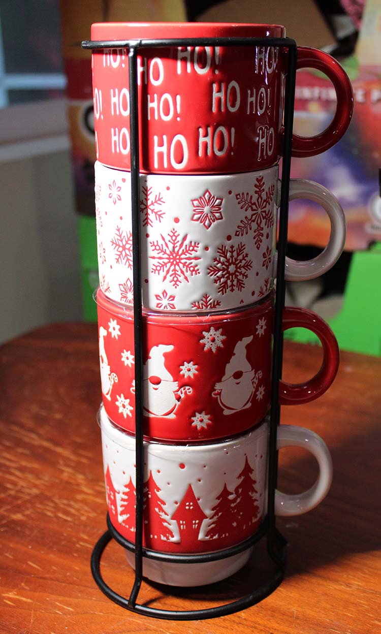Signature Housewares Holiday Stoneware Mugs 13.5 oz. with Wire Tower, Set of 4