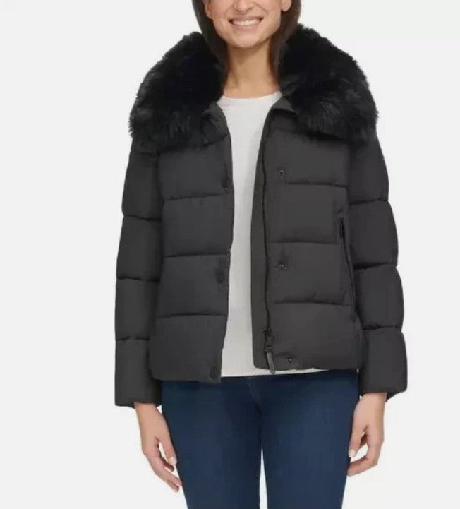 DKNY Ladies Size Large (10) Short Puffer Jacket Removable Faux Fur Collar, Black