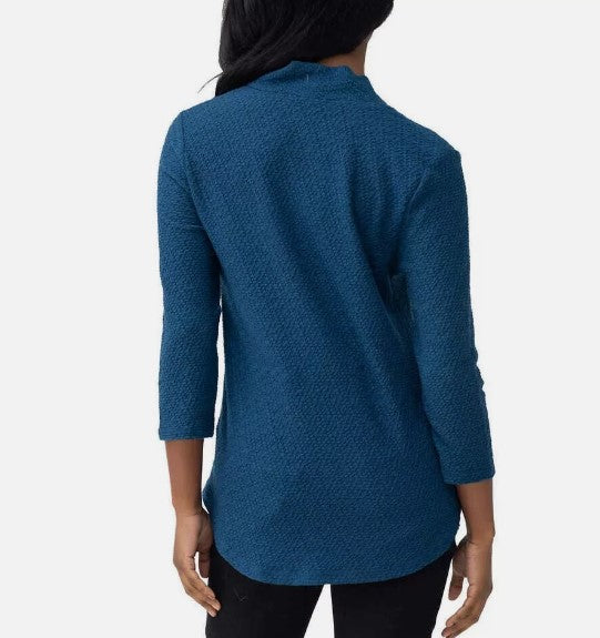 Cable & Gauge Textured Ladies' Size XS (0-2) V-Neck Top 3/4 Sleeve Blouse, Blue