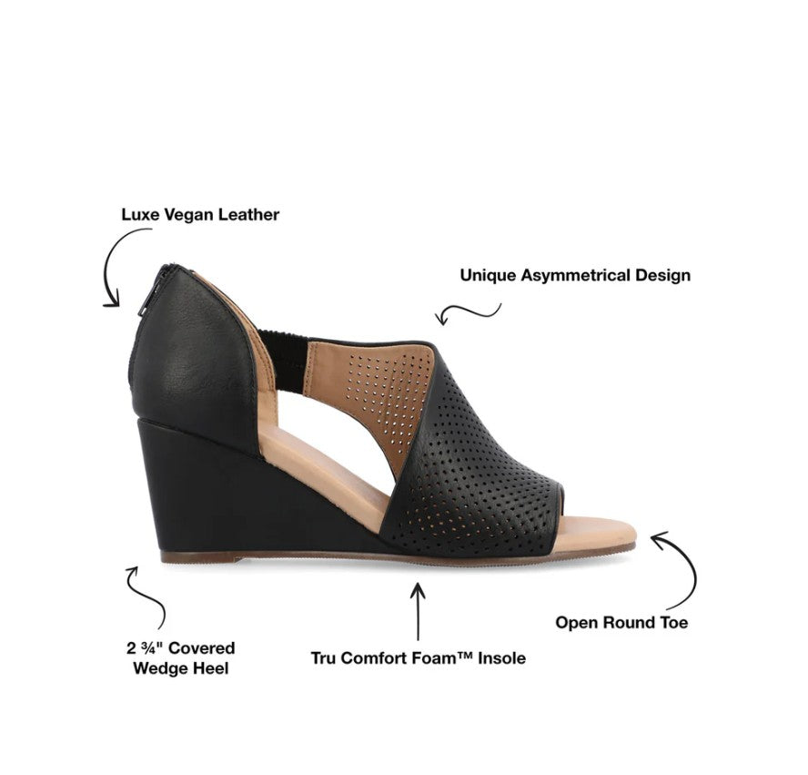 Journee Women's Size 8.5 Wide, Aretha Perforated Peep Toe Wedge Sandals, Black