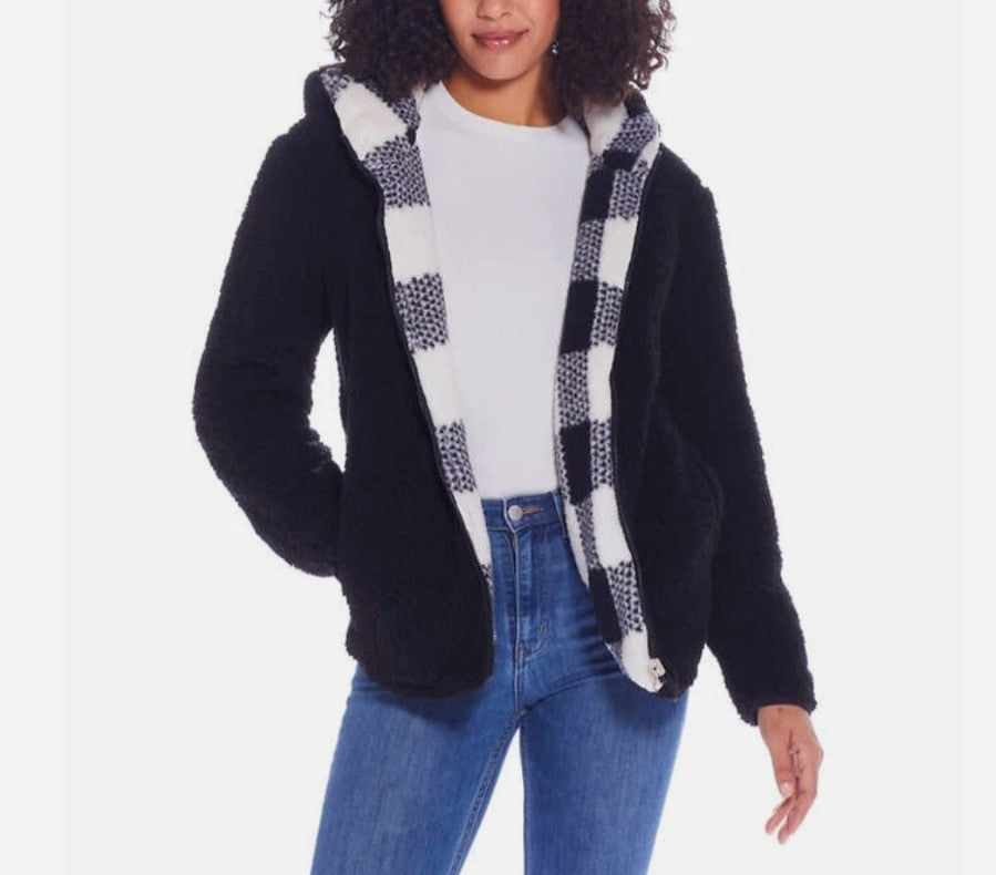 Weatherproof Women Size Small (4-6), Reversible Plush Hooded Jacket, Black/White