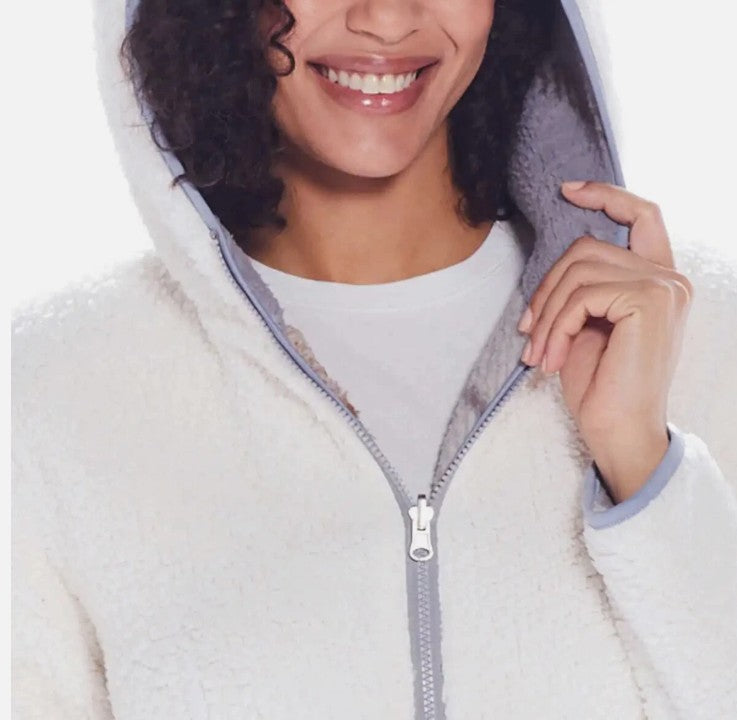 Weatherproof Women Size Large (12/14) Reversible Plush Hooded Jacket, Blue/Brown