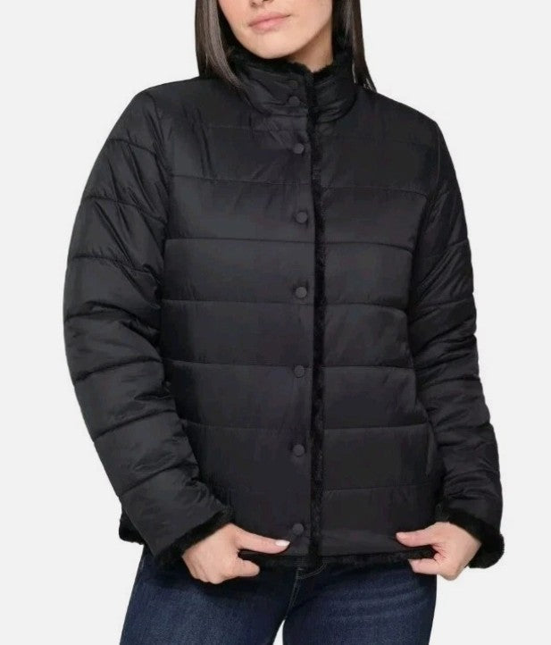 Nicole Miller Ladies' Size XXL (18) Reversible Jacket Faux Fur Puffer, Black