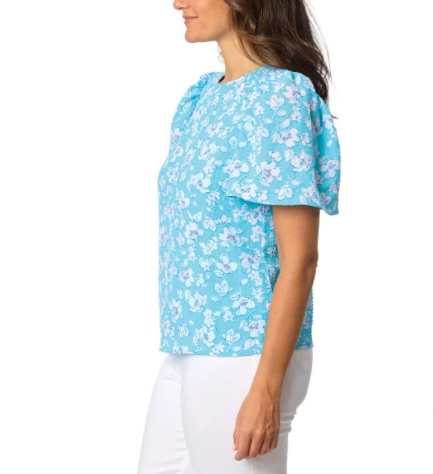 Draper James Women's Size Large (12-14) Flutter Sleeve Blouse, Blue Floral