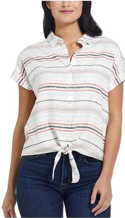 Weatherproof Vintage Ladies' Size Medium Tie Front Linen Shirt, Rio Red, Customer return