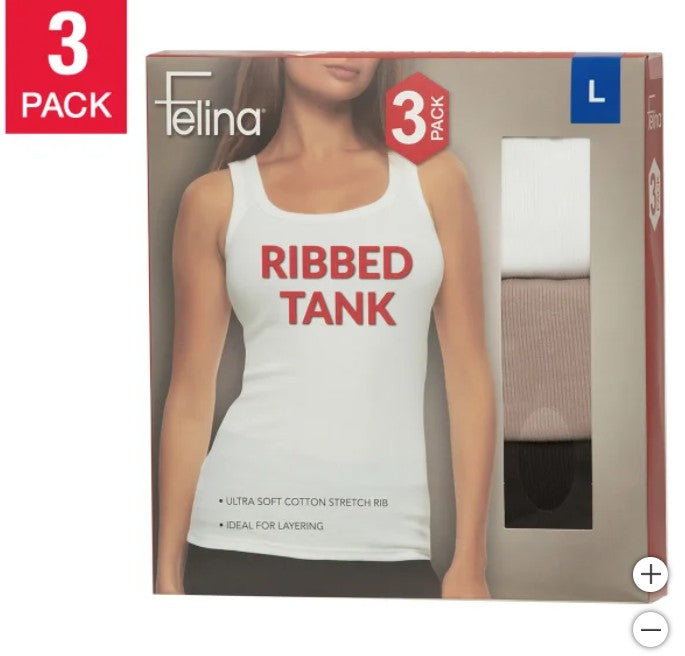 Felina Women's Size Large (10-12) Ribbed Tank Tops, 3-pack, Open Box