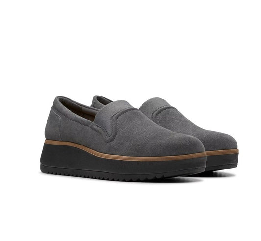 Clarks Women's Size 9 W, Zylah Sky Wedge Platform Loafer Shoes, Grey Suede