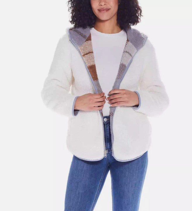 Weatherproof Women Size Large (12/14) Reversible Plush Hooded Jacket, Blue/Brown