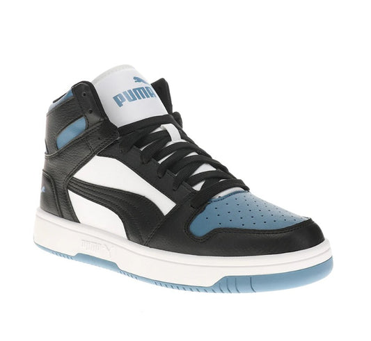 PUMA Men's Size 9.5, Rebound Layup RCL High-Top Athletic Shoes, White/Black/Blue