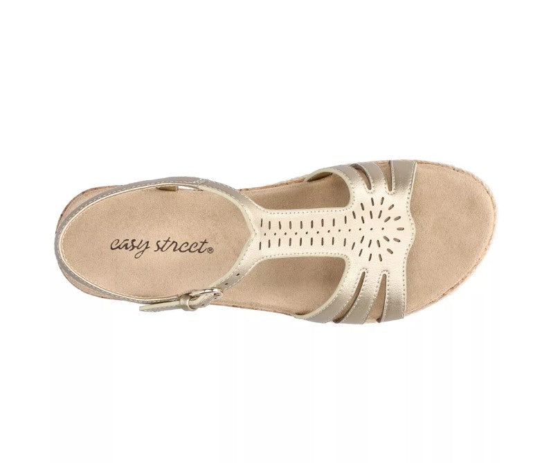 Easy Street Women's Size 7.5 N, Dorinda Cork Wedge Comfort Sandals, Gold