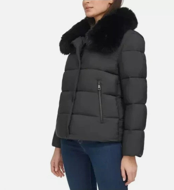 DKNY Ladies Size Large (10) Short Puffer Jacket Removable Faux Fur Collar, Black