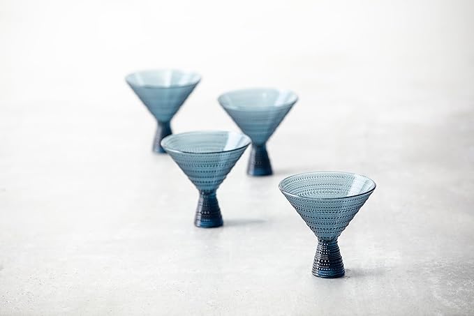 Fortessa Jupiter 11.5 oz Martini Glasses Set of 4 Beaded Design, Cornflower Blue