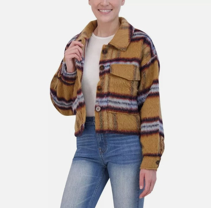 Vigoss Ladies' Size Large (8-10) Brushed Plaid Crop Jacket, Tan