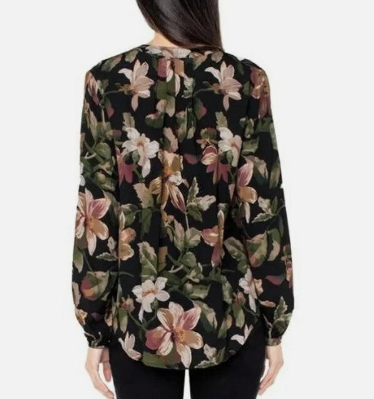 Well Worn Women's Size Small (4-6), Split Neck Long Sleeve Blouse, Black Floral