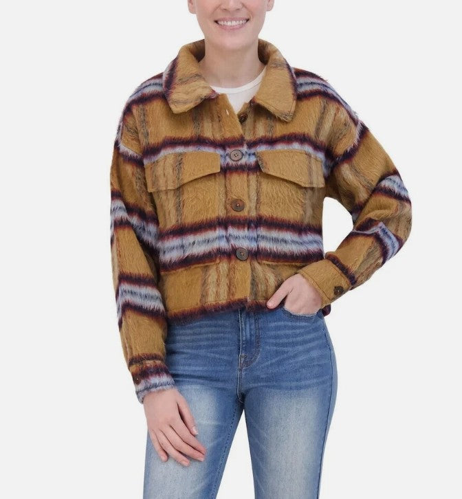Vigoss Ladies' Size Large (8-10) Brushed Plaid Crop Jacket, Tan