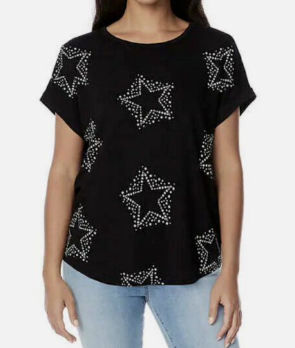 Buffalo Ladies' Size Medium French Terry Short Sleeve Top, Black Million Stars, Customer Return