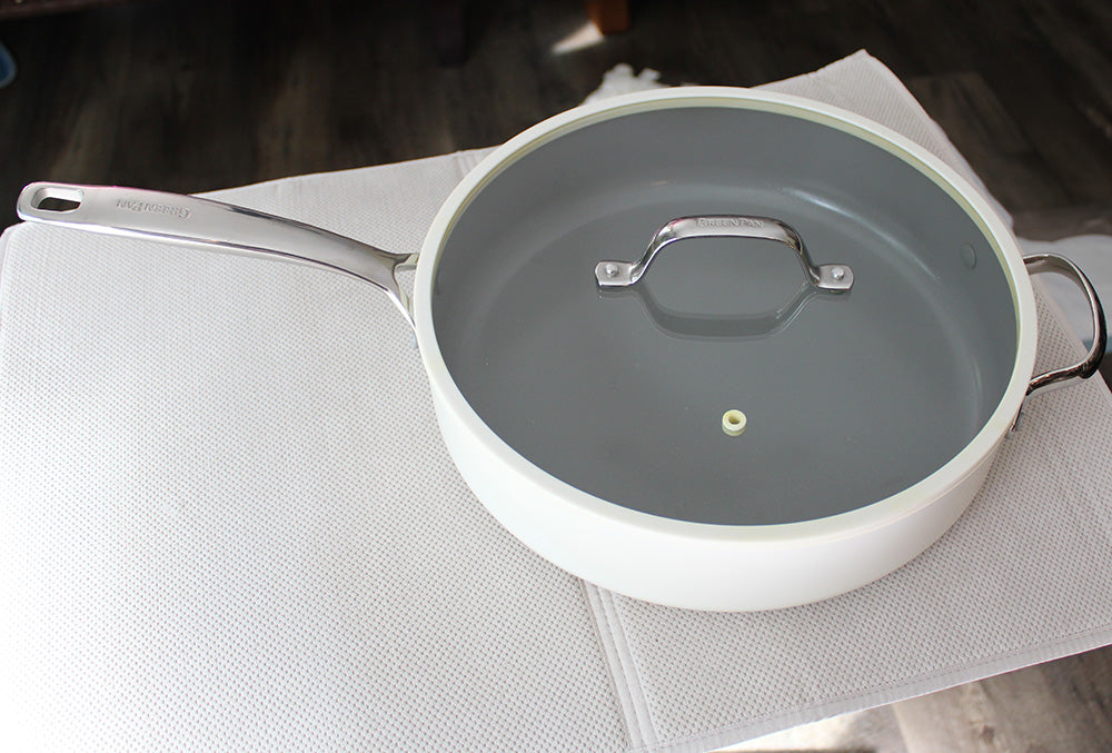 GreenPan Eras Ceramic Non-Stick 4.5 Quart Sautepan w/ Silicone Rim Glass Lid