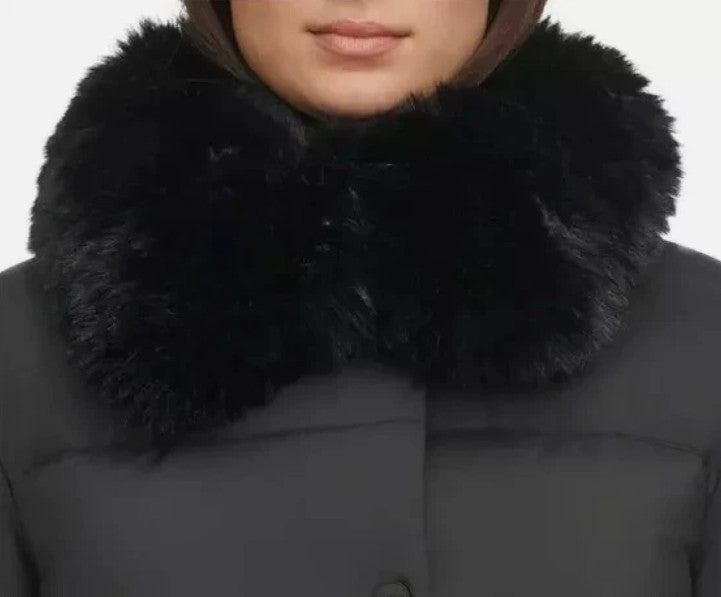 DKNY Ladies Size Large (10) Short Puffer Jacket Removable Faux Fur Collar, Black