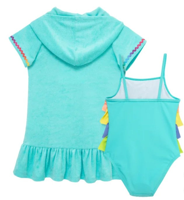 Flapdoodles Kids' Girls Size 6 2-piece Swim Set, Suit and Cover-Up, Blue
