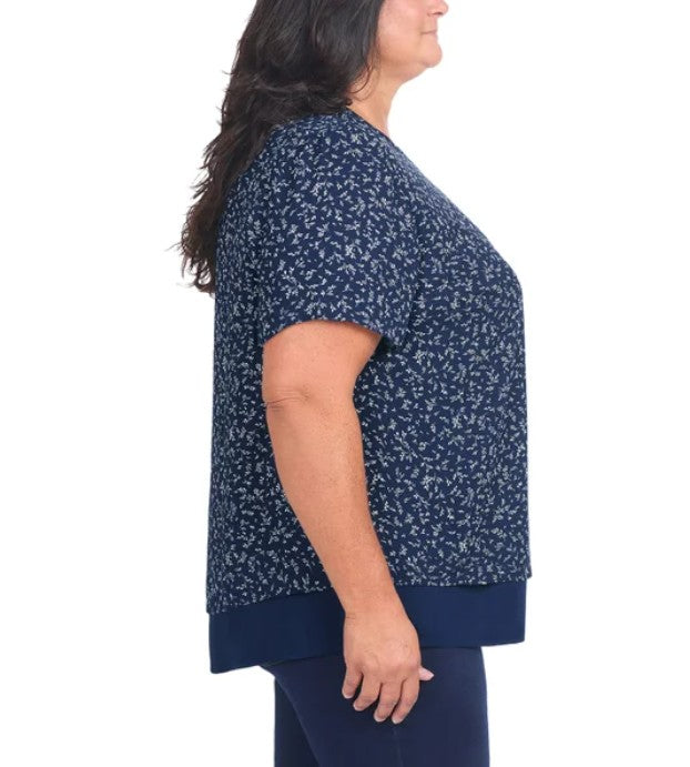 Hilary Radley Ladies' Size 2X (20) Short Sleeve Double Layer Blouse, Navy