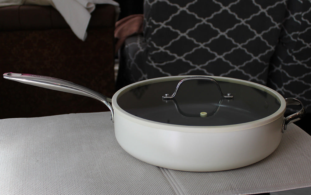 GreenPan Eras Ceramic Non-Stick 4.5 Quart Sautepan w/ Silicone Rim Glass Lid