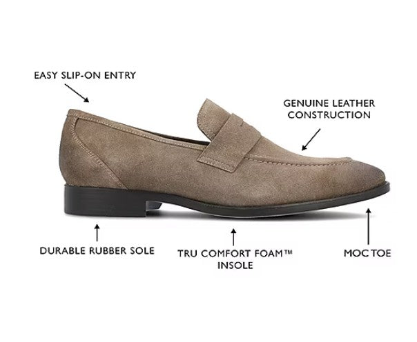 Thomas & Vine Men's Size 13, Bishop Moc Toe Penny Loafers, Taupe Suede