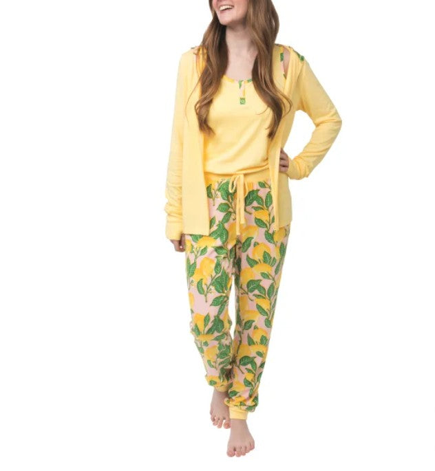 Munki Munki Ladies’ Size Large (10-12) 3 piece Lounge Set, Yellow (Lemons)