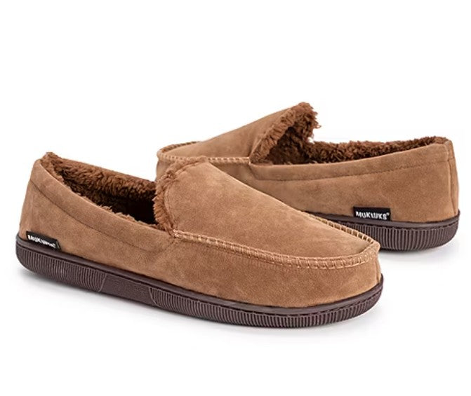 Muk Luks Men's Size Large (12-13), Faux Suede Moccasin Slippers, Camel
