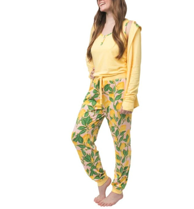 Munki Munki Ladies’ Size Large (10-12) 3 piece Lounge Set, Yellow (Lemons)