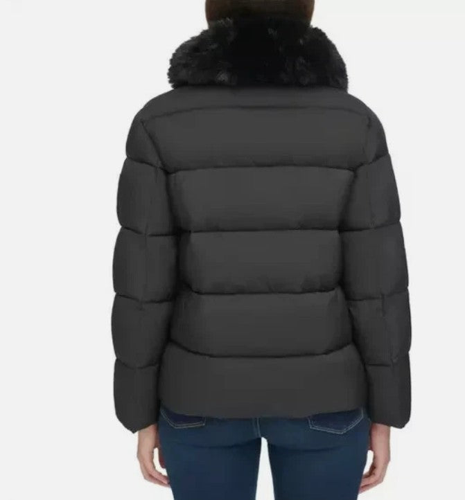 DKNY Ladies Size Large (10) Short Puffer Jacket Removable Faux Fur Collar, Black