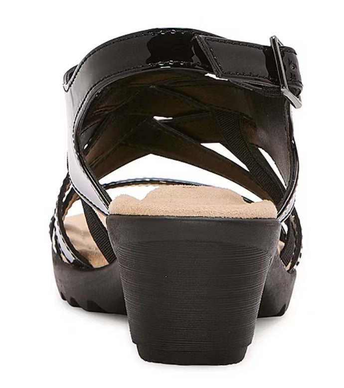 east 5th Women's Size 7.5, Hickery Heeled Criss-Cross Strap Sandals, Black