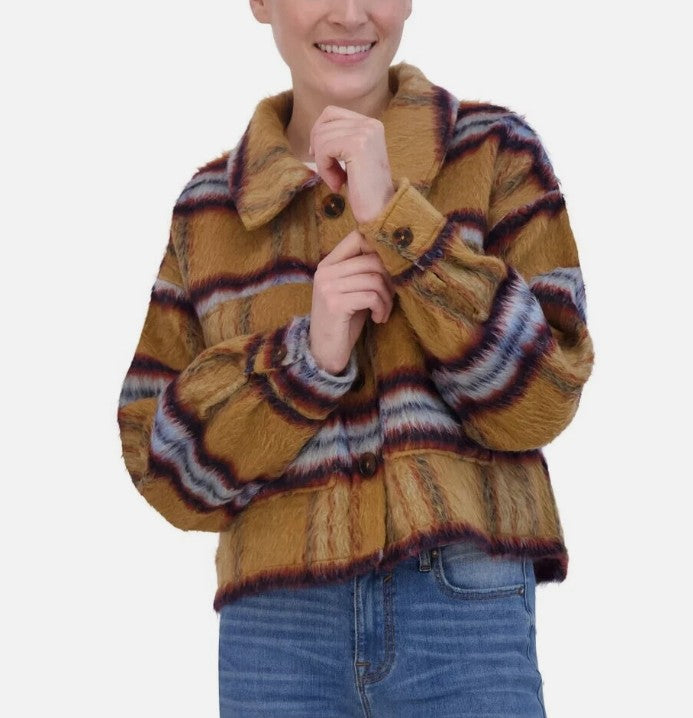 Vigoss Ladies' Size Large (8-10) Brushed Plaid Crop Jacket, Tan