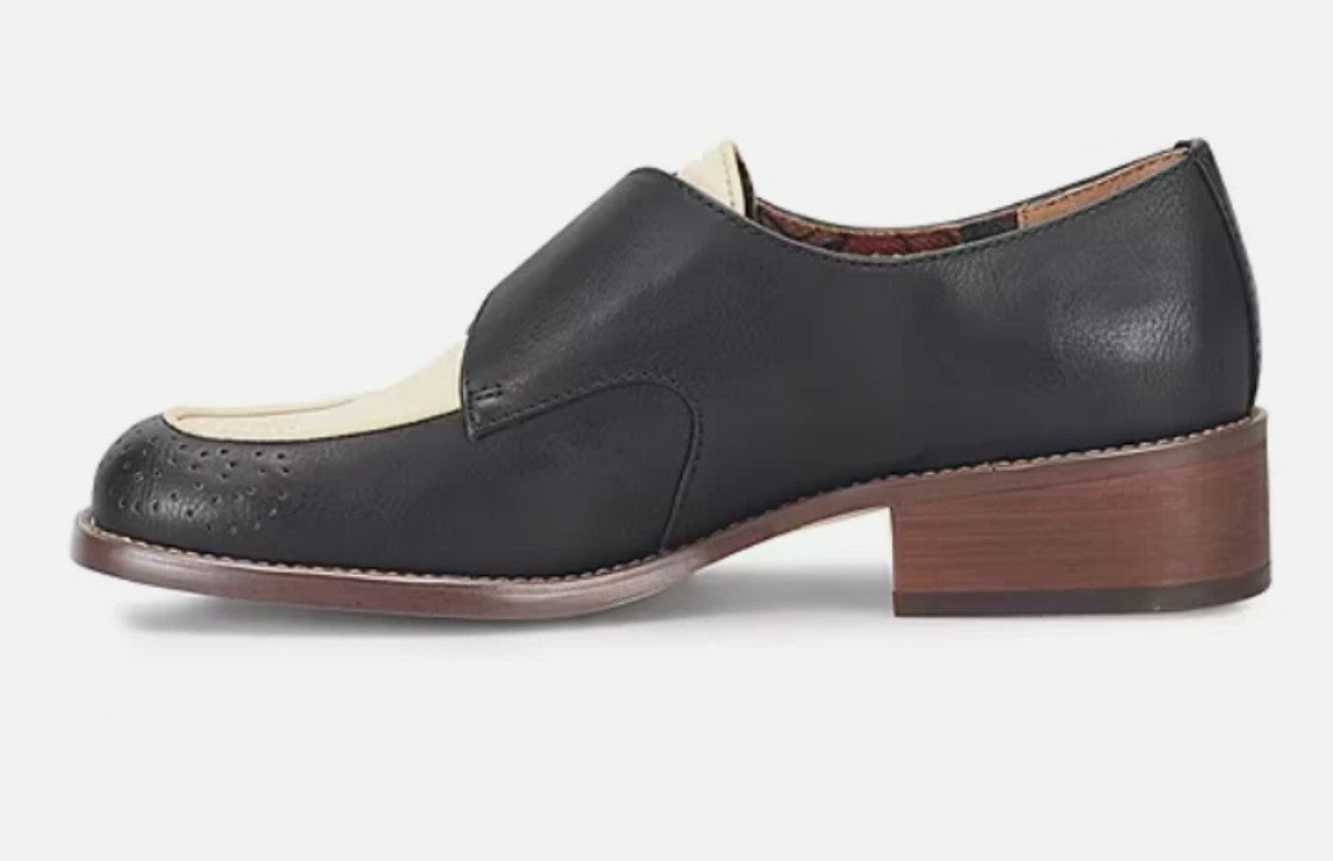 Korks Theodore Women's Size 8 M, Moc Monk Strap Loafers, Black/Cream Combo