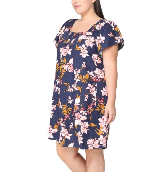 Nicole Miller Ladies' Size XXL (18) Linen Blend Dress, Blue Floral Print