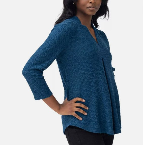 Cable & Gauge Textured Ladies' Size XS (0-2) V-Neck Top 3/4 Sleeve Blouse, Blue