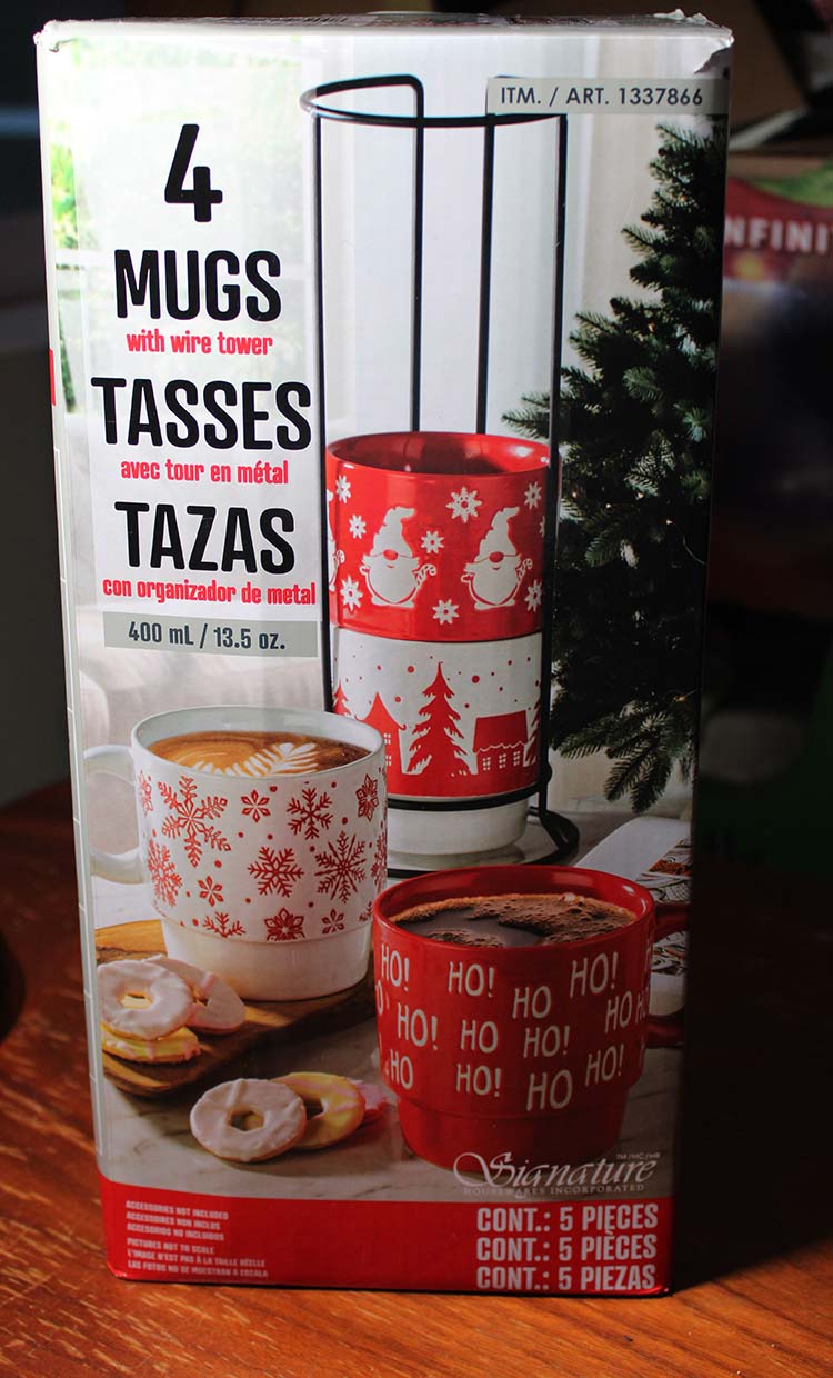 Signature Housewares Holiday Stoneware Mugs 13.5 oz. with Wire Tower, Set of 4