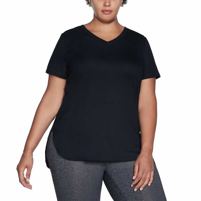 Skechers Ladies' Size Large Rib V-Neck Tee, Short Sleeve, Black