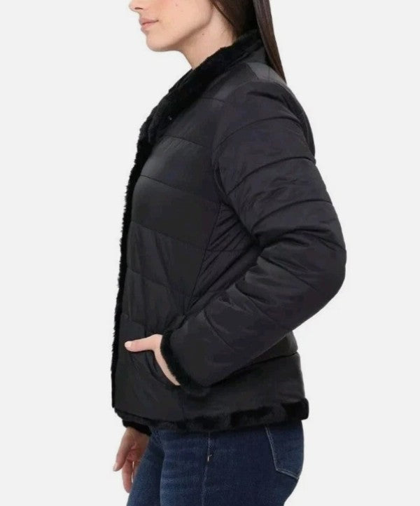 Nicole Miller Ladies' Size XXL (18) Reversible Jacket Faux Fur Puffer, Black