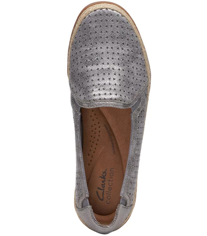 Clarks Women's Size 7, Slip-On Espadrille Leather Flats, Pewter, New (NO BOX)