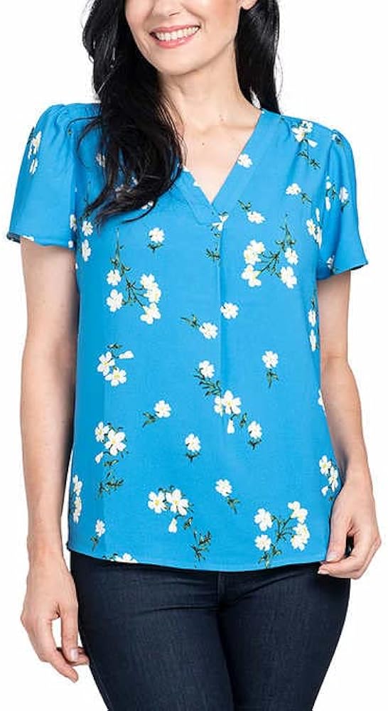Hilary Radley Women Size Large V-Neck Printed Blouse, Blue Floral, Customer Return