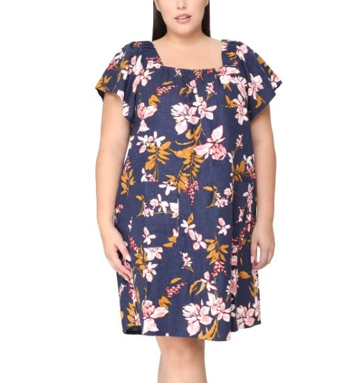 Nicole Miller Ladies' Size XXL (18) Linen Blend Dress, Blue Floral Print