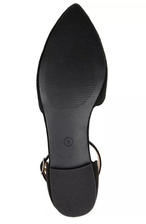 Journee Women's Size 11, Lana Scalloped Edge Ankle Strap Flats, Black Microsuede