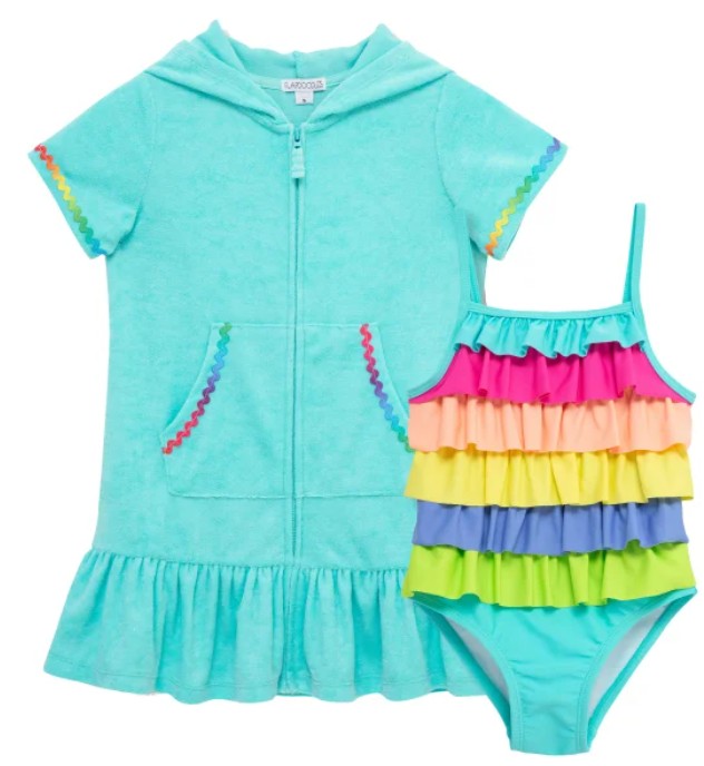Flapdoodles Kids' Girls Size 6 2-piece Swim Set, Suit and Cover-Up, Blue