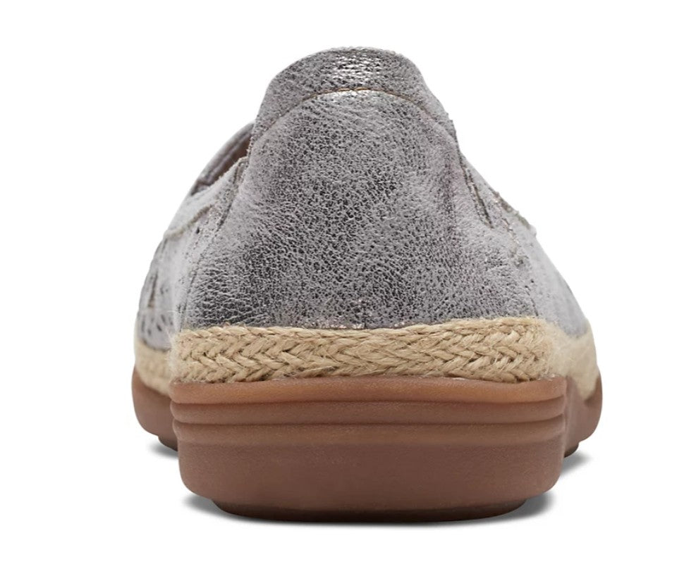 Clarks Women's Size 7, Slip-On Espadrille Leather Flats, Pewter, New (NO BOX)