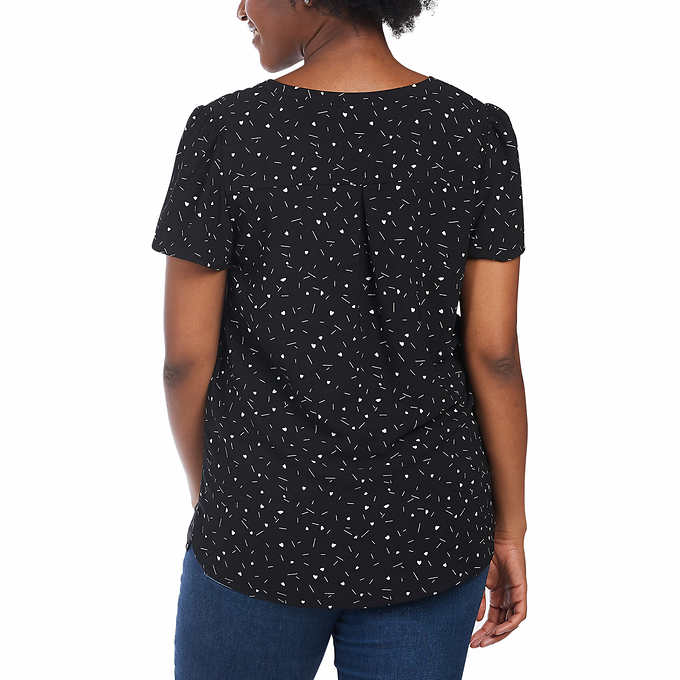 Hilary Radley Ladies' Size Medium, Printed Blouse, Black & Ivory Heart Strokes, Customer Return