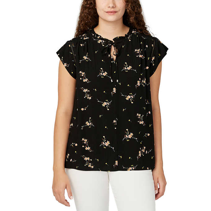 Buffalo Women Size Medium Flutter Sleeve Blouse Top, Black Ditsy Bouquet, Customer Return