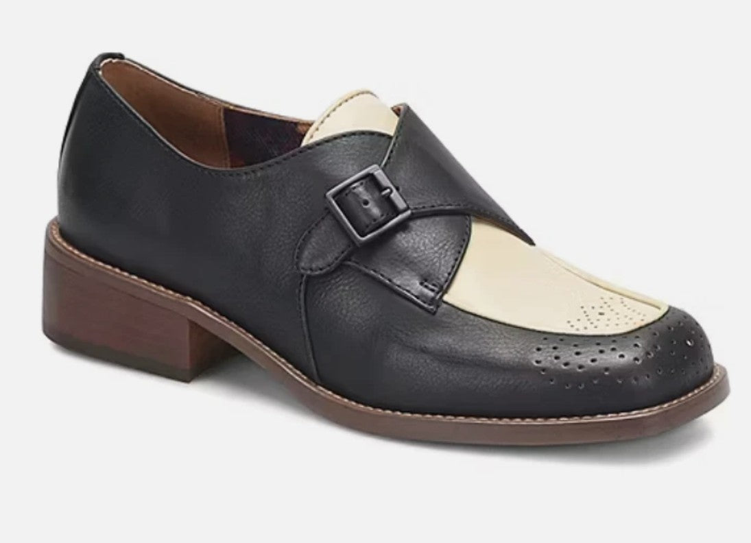 Korks Theodore Women's Size 8 M, Moc Monk Strap Loafers, Black/Cream Combo